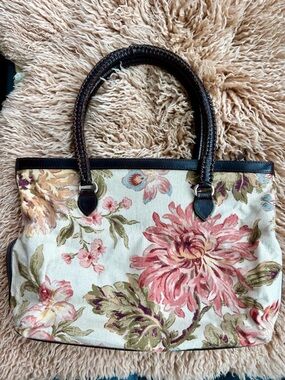Brighton Canvas Floral & Leather Mid-size Purse 4 Section Double Handle See Flaw